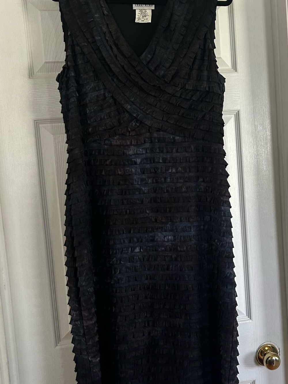 Navy Blue Ruffled V-Neck Sleeveless Dress - Knee Length
